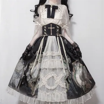 Ретро-готическое платье Лолиты, Викторианская Средневековая кружевная блузка с галстуком-бабочкой + юбка, винтажный корсет с крестом, платье принцессы, костюм на Хэллоуин