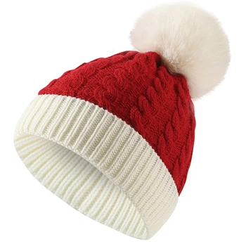 Рождественская вязаная шапка для новорожденных, детская зимняя теплая шапочка-бини, шапка с помпоном в холодную погоду