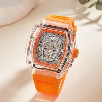 Роскошные кварцевые часы в стиле хип-хоп с черепом, прозрачные мужские кварцевые часы, Оранжевые мужские дизайнерские часы, водонепроницаемые часы
