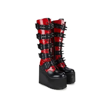 Сапоги на танкетке с красными заклепками и платформой до колена, Модная Крутая Сексуальная Зимняя Повседневная Женская обувь большого размера Zapatillas Mujer