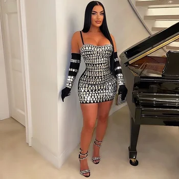 Сексуальное короткое платье-слинг с 3D-принтом с бриллиантами Hot Girl 2023, осенне-зимняя мода без рукавов, хип-хоп Vestidos, уличная одежда для вечеринок и клубов