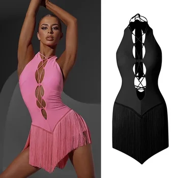 Сексуальное открытое платье для латиноамериканских танцев, женское Розовое черное платье с бахромой, одежда для взрослых, танцевальный костюм для Ча-Ча-ча, платье для соревнований