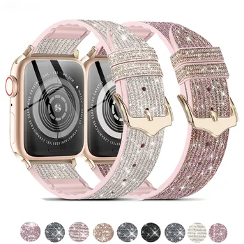 Силиконовый + Кожаный Ремешок Для Apple Watch Band 40 мм 41 мм 45 мм 44 мм 38 мм 49 мм Блестящий ремешок для часов Браслет iWatch Serie 5 6 SE 7 8 ultra