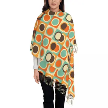 Современный шарф-накидка в виде кругов середины века для женщин, длинная зимняя теплая шаль с кисточками, унисекс, современные геометрические шарфы