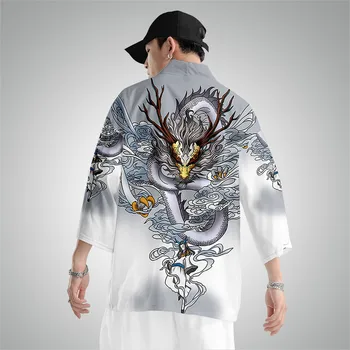 Традиционное кимоно с принтом дракона в китайском стиле, мужские рубашки-кардиганы Юката, модные топы Хаори в стиле харадзюку.