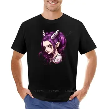 фиолетовая футболка для девушки с рогами, черные футболки, корейские модные мужские футболки, мужская футболка, хлопковая футболка с круглым вырезом