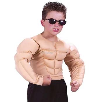 Футболка с мускулистым человеком, ролевая игра, блузка с искусственными грудными мышцами, детская мышечная рубашка, костюм борца, Забавные костюмы с мышечной футболкой для маленького мальчика