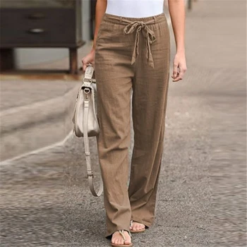 Широкие брюки размера S-5XL, женские Винтажные хлопковые льняные Модные Длинные брюки, Повседневные, с эластичной талией, Однотонные