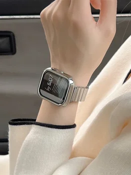 Элегантный Серебристый Корпус из нержавеющей Стали + Ремешок Для Apple Watch 41 мм 49 45 40 мм 44 Корейский Стильный Женский ремешок Для iwatch 9 8 7 SE 6 5