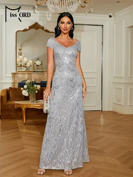 Missord Элегантное серое свадебное платье с пайетками, женское платье с V-образным вырезом, короткий рукав, трапециевидные вечерние платья длиной до пола, длинное платье для выпускного вечера