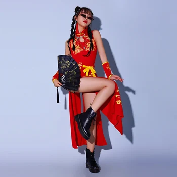 Китайский стиль Gogo Dancer Costume Фестивальная Одежда Выступление Певицы Сценический Наряд Женская Джазовая Танцевальная Одежда Рейв-одежда DL9507