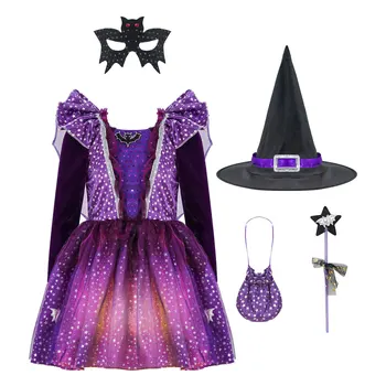 Косплей Костюм Ведьмы для девочек на Хэллоуин, платье принцессы с остроконечной шляпой, Палочка, мешочек для конфет, Тематическая вечеринка, Одежда для ролевых игр Волшебницы