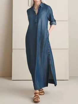 Повседневное однотонное платье-сорочка с воротником-лацканами, рукавом-валиком, разрезом, Макси-платье-сорочка для женщин, винтажное джинсовое длинное платье с карманами прямого силуэта